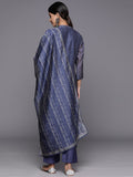 Varanga Women Navy Blue Bandhani Printed Straight Kurta With Three Quarter Sleeves Paired With Tonal Bottom And Printed Dupatta