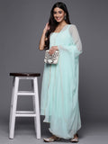 Varanga light blue spaghetti strap kurta with bottom and dupatta.