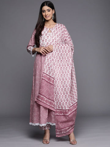 Varanga Women Mauve Printed A-Line Kurta Paired With Contrast Printed Bottom And Dupatta