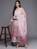 Varanga Women Mauve Printed A-Line Kurta Paired With Contrast Printed Bottom And Dupatta