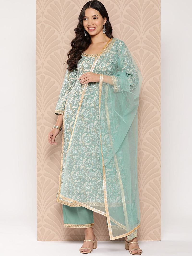 Varanga Women Printed Straight Kurta Paired With Tonal Solid Bottom And Solid Dupatta