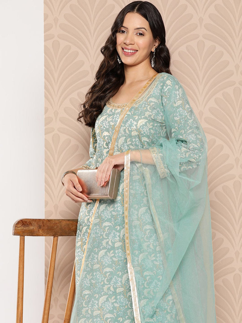 Varanga Women Printed Straight Kurta Paired With Tonal Solid Bottom And Solid Dupatta