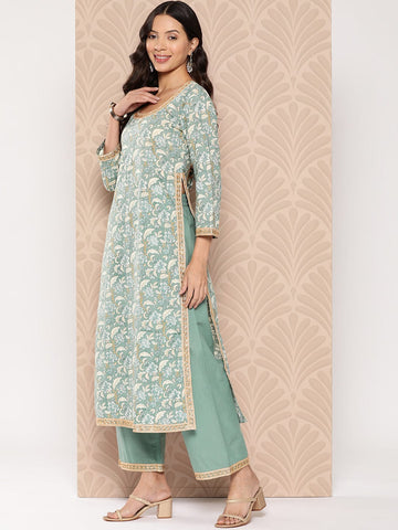 Varanga Women Printed Straight Kurta Paired With Tonal Solid Bottom And Solid Dupatta