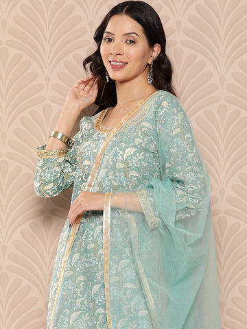 Varanga Women Printed Straight Kurta Paired With Tonal Solid Bottom And Solid Dupatta