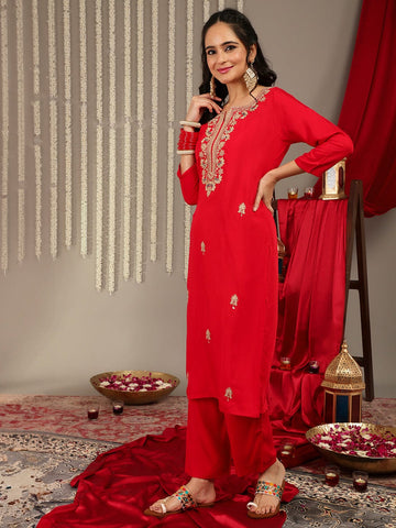 Varanga Women Red Placement Design Zari Embroidered Kurta With Three Quarter Sleeves Paired With Tonal Bottom And Contrast Printed Dupatta