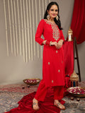 Varanga Women Red Placement Design Zari Embroidered Kurta With Three Quarter Sleeves Paired With Tonal Bottom And Contrast Printed Dupatta