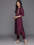 Varanga Women Purple Yoke Design Kurta With Three Quarter Sleeves Embroidered Hem Paired With Tonal Bottom And Fringed Dupatta