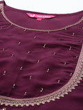Varanga Women Purple Yoke Design Kurta With Three Quarter Sleeves Embroidered Hem Paired With Tonal Bottom And Fringed Dupatta