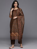 Varanga Women Brown Ethnic Motif Placket Embroidered Straight Kurta Paired With Tonal Solid Bottom And Printed Dupatta