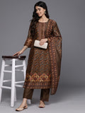 Varanga Women Brown Ethnic Motif Placket Embroidered Straight Kurta Paired With Tonal Solid Bottom And Printed Dupatta