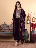 Varanga Floral Embroidered Zari Regular Velvet Kurta with Trousers & Dupatta