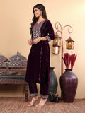 Varanga Floral Embroidered Zari Regular Velvet Kurta with Trousers & Dupatta