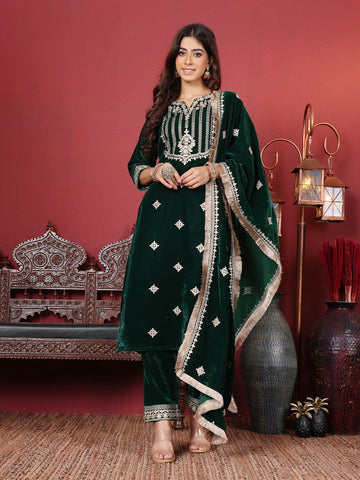 Varanga Ethnic Motifs Embroidered Gotta Patti Velvet Kurta with Trousers & Dupatta