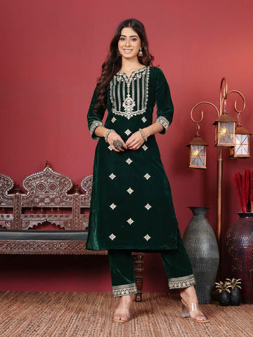 Varanga Ethnic Motifs Embroidered Gotta Patti Velvet Kurta with Trousers & Dupatta