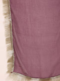 Varanga mauve V-neck yoke embroidered straight kurta with fringes hem paired with tonal bottom and tonal dupatta with fringes