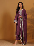 Varanga mauve V-neck yoke embroidered straight kurta with fringes hem paired with tonal bottom and tonal dupatta with fringes