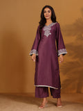 Varanga mauve V-neck yoke embroidered straight kurta with fringes hem paired with tonal bottom and tonal dupatta with fringes