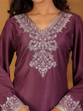 Varanga mauve V-neck yoke embroidered straight kurta with fringes hem paired with tonal bottom and tonal dupatta with fringes