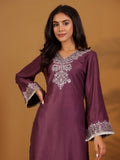 Varanga mauve V-neck yoke embroidered straight kurta with fringes hem paired with tonal bottom and tonal dupatta with fringes