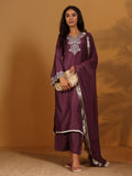 Varanga mauve V-neck yoke embroidered straight kurta with fringes hem paired with tonal bottom and tonal dupatta with fringes