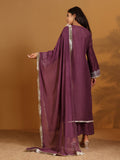 Varanga mauve V-neck yoke embroidered straight kurta with fringes hem paired with tonal bottom and tonal dupatta with fringes