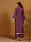 Varanga mauve V-neck yoke embroidered straight kurta with fringes hem paired with tonal bottom and tonal dupatta with fringes