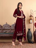 Varanga Women Burgundy V-Neck Yoke Embroidered Kurta With Bottom And Dupatta