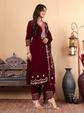 Varanga Women Burgundy V-Neck Yoke Embroidered Kurta With Bottom And Dupatta