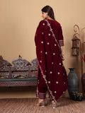 Varanga Women Burgundy V-Neck Yoke Embroidered Kurta With Bottom And Dupatta