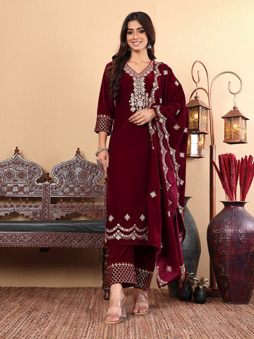 Varanga Women Burgundy V-Neck Yoke Embroidered Kurta With Bottom And Dupatta