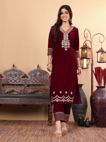 Varanga Women Burgundy V-Neck Yoke Embroidered Kurta With Bottom And Dupatta