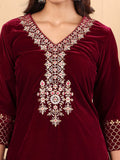 Varanga Women Burgundy V-Neck Yoke Embroidered Kurta With Bottom And Dupatta