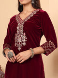 Varanga Women Burgundy V-Neck Yoke Embroidered Kurta With Bottom And Dupatta