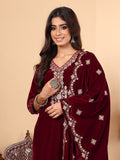 Varanga Women Burgundy V-Neck Yoke Embroidered Kurta With Bottom And Dupatta