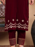 Varanga Women Burgundy V-Neck Yoke Embroidered Kurta With Bottom And Dupatta