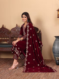 Varanga Women Burgundy V-Neck Yoke Embroidered Kurta With Bottom And Dupatta