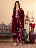 Varanga Women Burgundy V-Neck Yoke Embroidered Kurta With Bottom And Dupatta