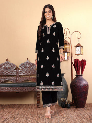 Varanga Floral Embroidered Zari Velvet Kurta with Trousers & Dupatta