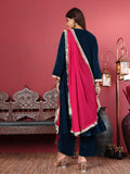 Varanga Women Blue V-Neck Gathered Details Flared Sleeves A-Line Kurta Paired with Bottom and Tonal Dupatta