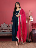 Varanga Women Blue V-Neck Gathered Details Flared Sleeves A-Line Kurta Paired with Bottom and Tonal Dupatta