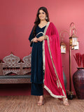 Varanga Women Blue V-Neck Gathered Details Flared Sleeves A-Line Kurta Paired with Bottom and Tonal Dupatta