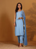 Varanga Women Blue Straight Kurta With Tonal Bottom & Dupatta