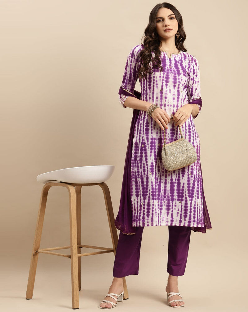 Varanga Women Purple Shibori Straight Kurta Paired With Tonal Bottom And Dupatta.