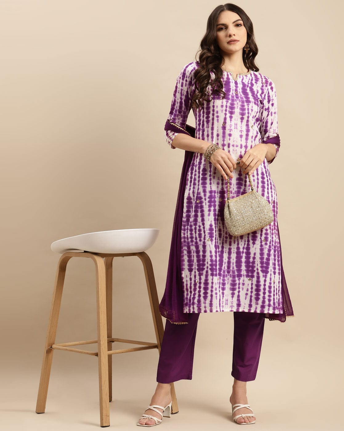 Varanga Women Purple Shibori Straight Kurta Paired With Tonal Bottom And Dupatta.