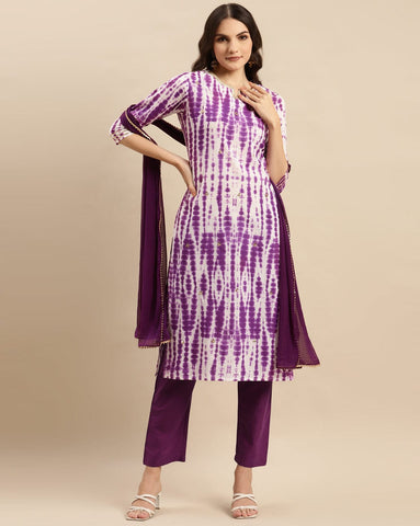 Varanga Women Purple Shibori Straight Kurta Paired With Tonal Bottom And Dupatta.