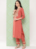 Varanga Women Peach Embroidered Kurta Set With Dupatta