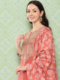 Varanga Women Peach Embroidered Kurta Set With Dupatta