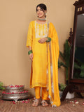 Varanga Women Mustard Bandhani Printed Round Neck Embroidered Yoke Straight Kurta Paired With Tonal Bottom And Dupatta