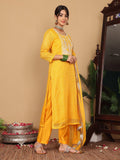 Varanga Women Mustard Bandhani Printed Round Neck Embroidered Yoke Straight Kurta Paired With Tonal Bottom And Dupatta