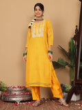 Varanga Women Mustard Bandhani Printed Round Neck Embroidered Yoke Straight Kurta Paired With Tonal Bottom And Dupatta